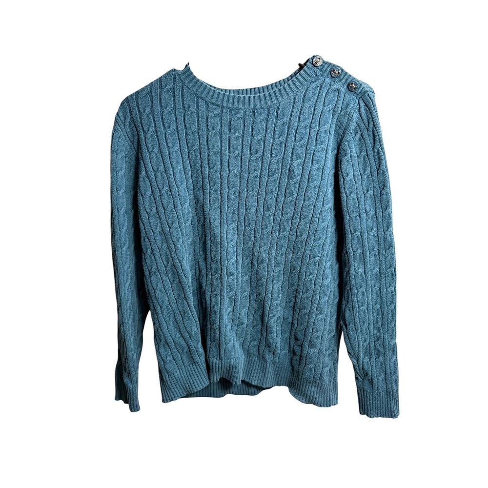 Charter Club Womens Blue Cable Knit Shoulder Button Crewneck Sweater Large